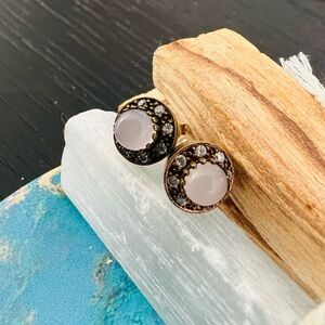 Rose Quartz Cabochon Halo Stud Earrings in Pale Pink